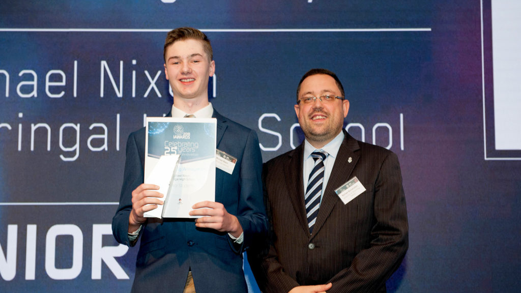 Michael Nixon (EduKits Founder, L) stands beside Professor Michael Blumenstein (Head of School, Software, University of Technology Sydney, R) at the NSW iAwards.