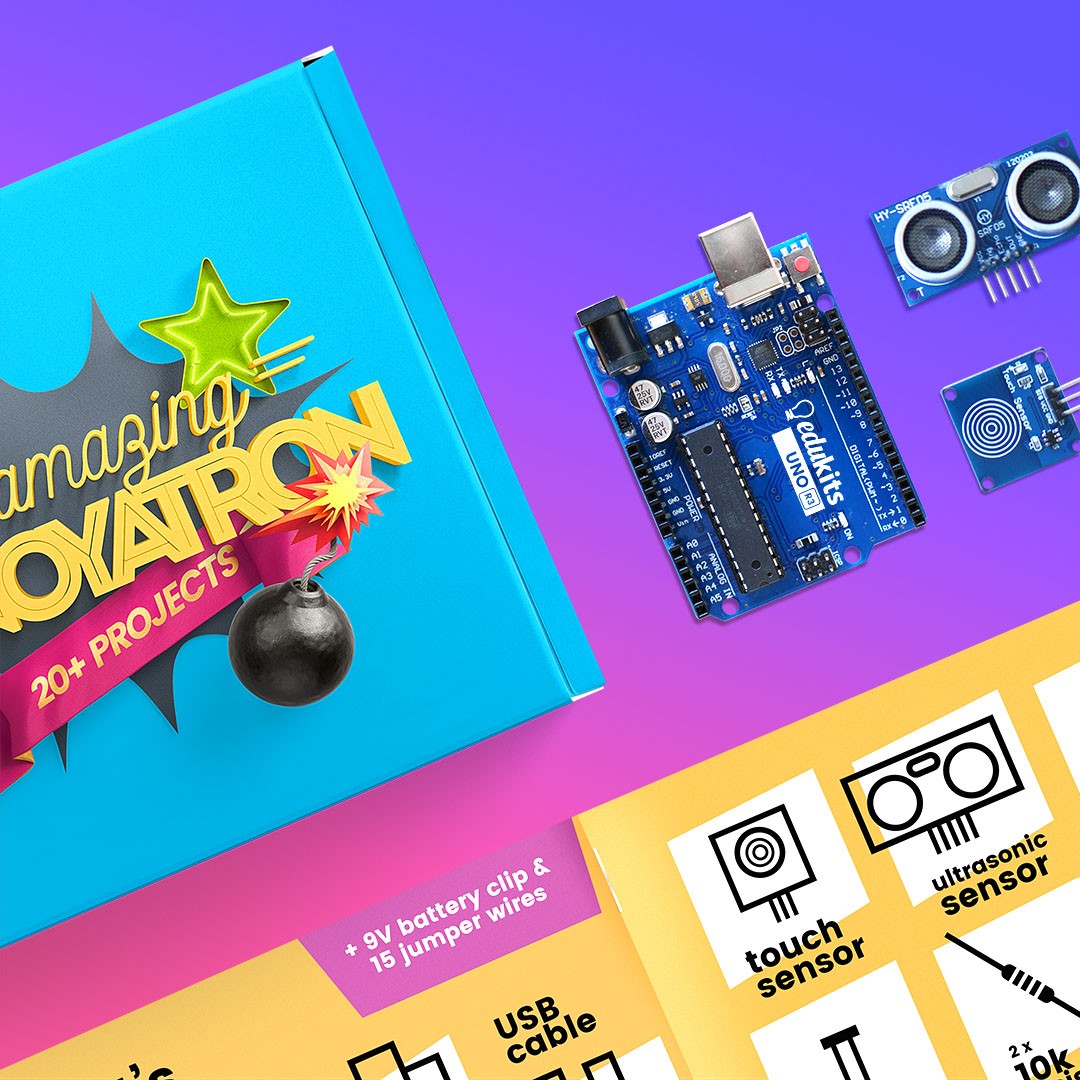 The Amazing Annoyatron includes over 30 parts and components, like our brain board, ultrasonic sensor, touch sensor and more.