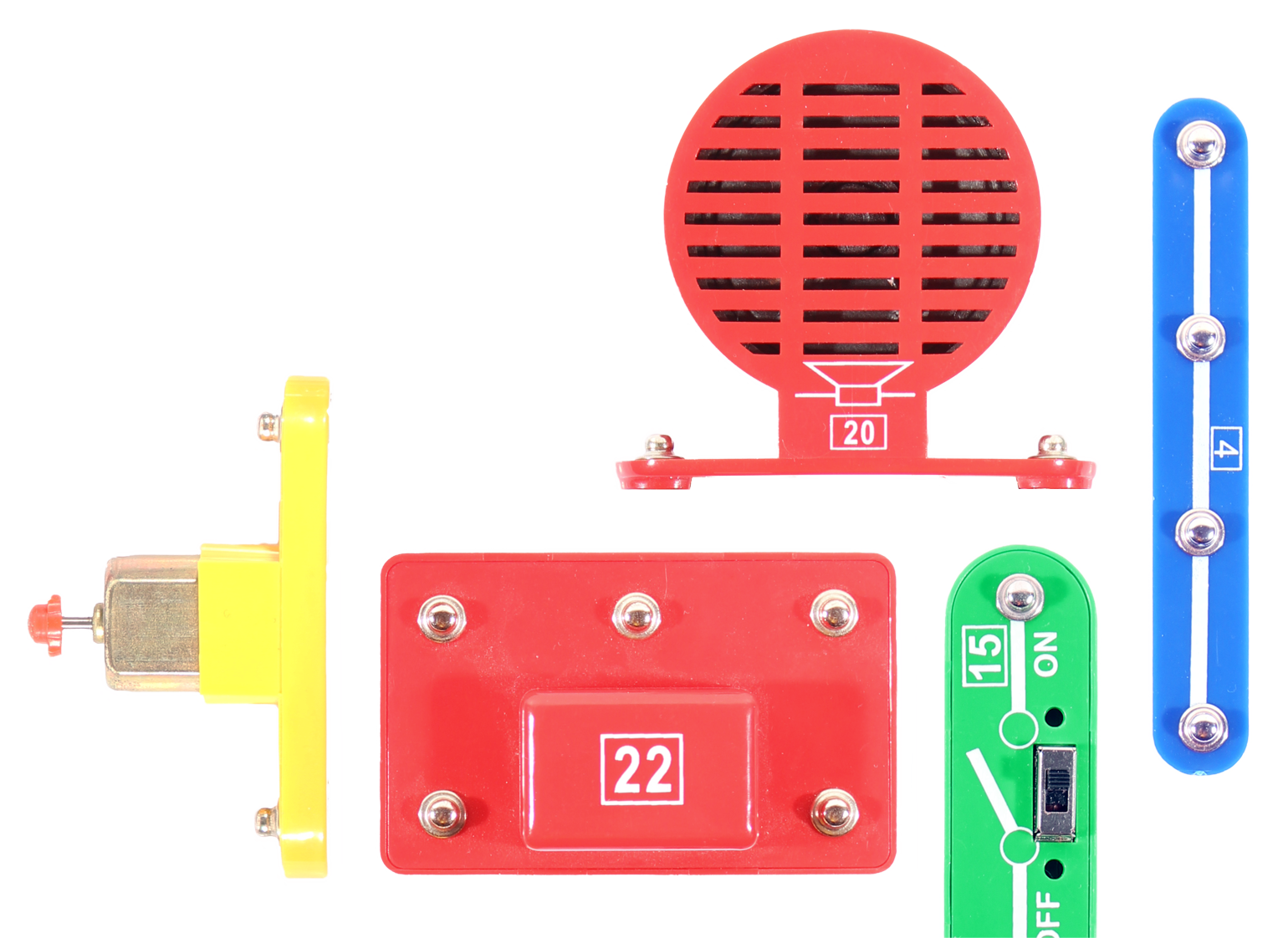 Colourful, clip-together components make up the circuits.