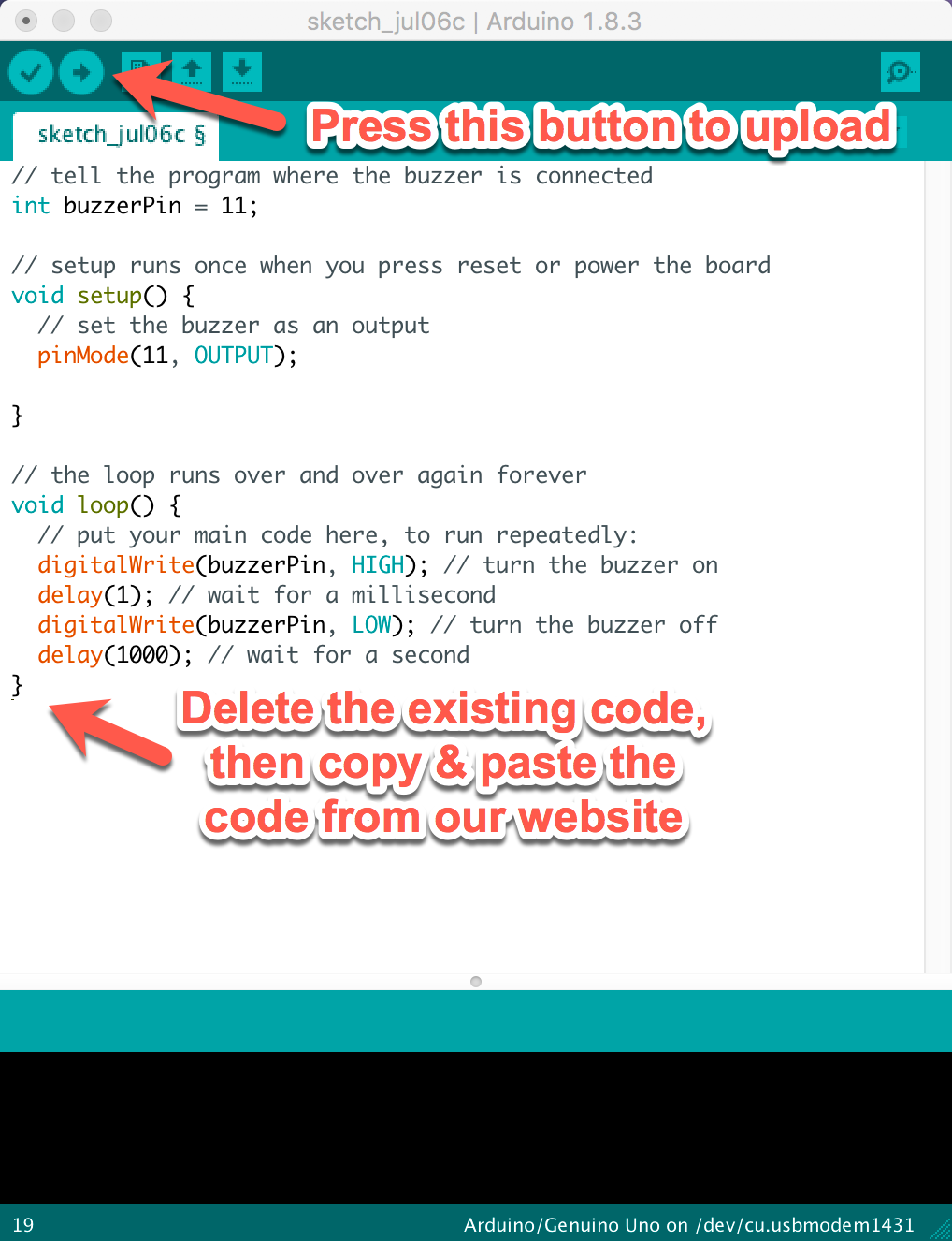 Delete the existing code, then copy and past the code from our website. You can then upload the program to your board.