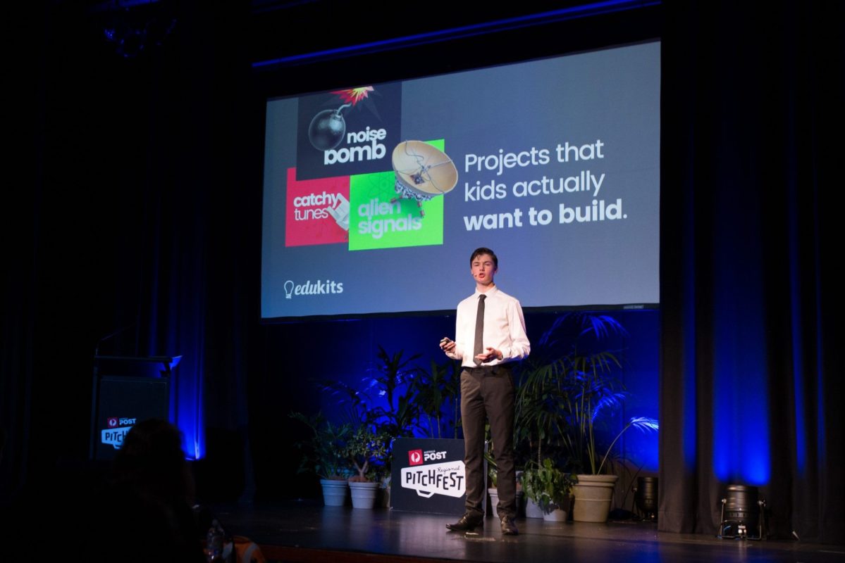 Michael Nixon pitches his winning idea, 'The Amazing Annoyatron', at the NSW finals of Regional Pitchfest in Dubbo.
